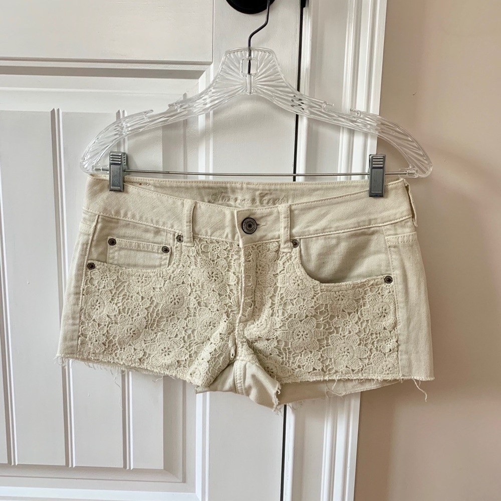 American Eagle Outfitters Cream Jean Shorts with Distressed Hem